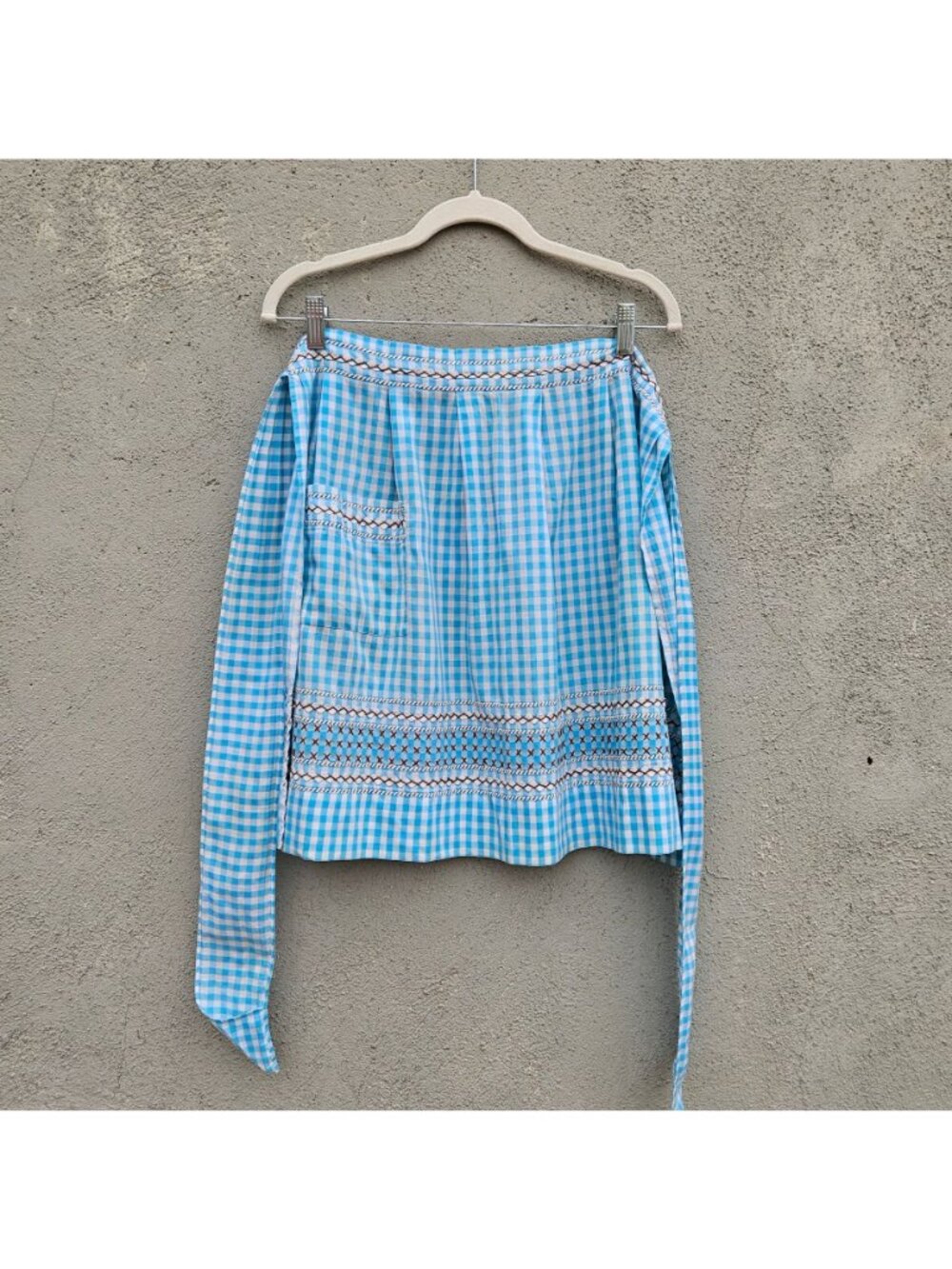 Vintage Handmade Turquoise Gingham Half Apron Hand Embroidery Rickrack Cotton - Picture 7 of 16